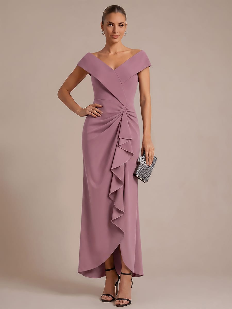 Ruffle Slit Mermaid Crepe V Neck Mother of the Bride Dress