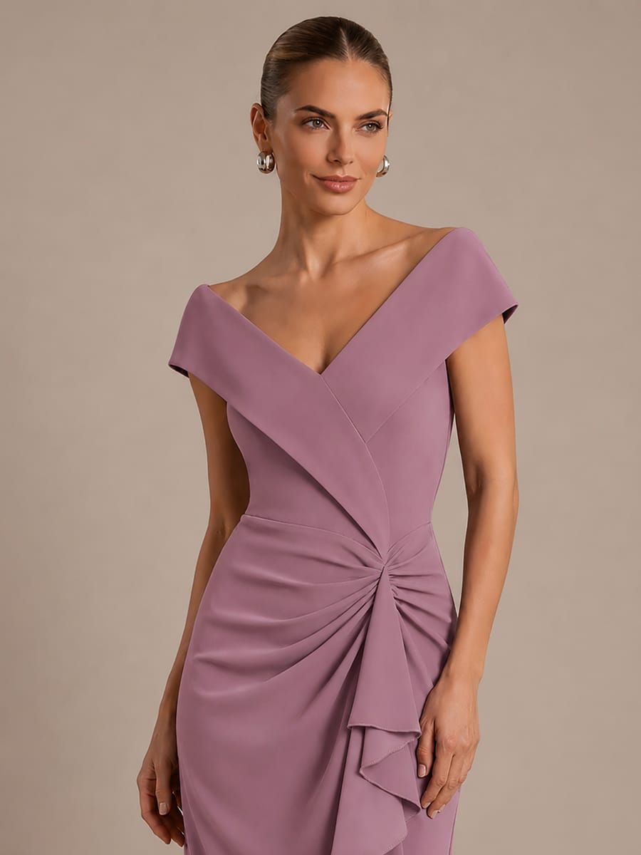 Ruffle Slit Mermaid Crepe V Neck Mother of the Bride Dress