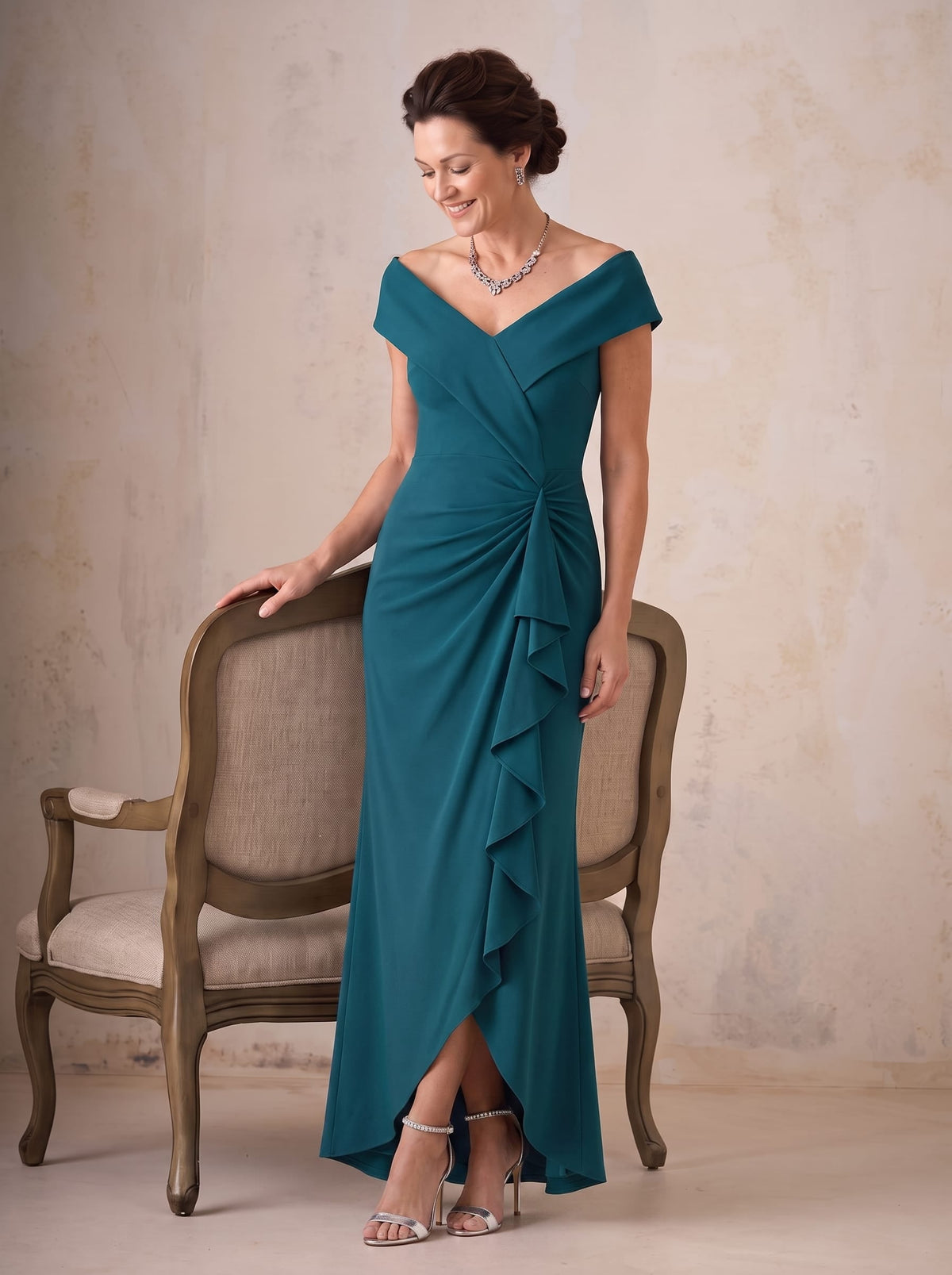 Ruffle Slit Mermaid Crepe V Neck Mother of the Bride Dress