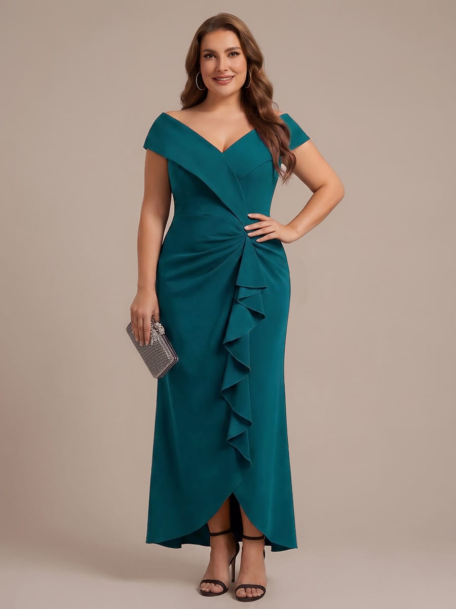 Ruffle Slit Mermaid Crepe V Neck Mother of the Bride Dress