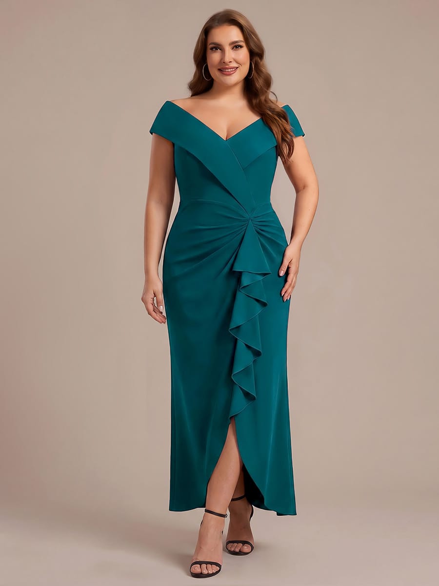 Ruffle Slit Mermaid Crepe V Neck Mother of the Bride Dress