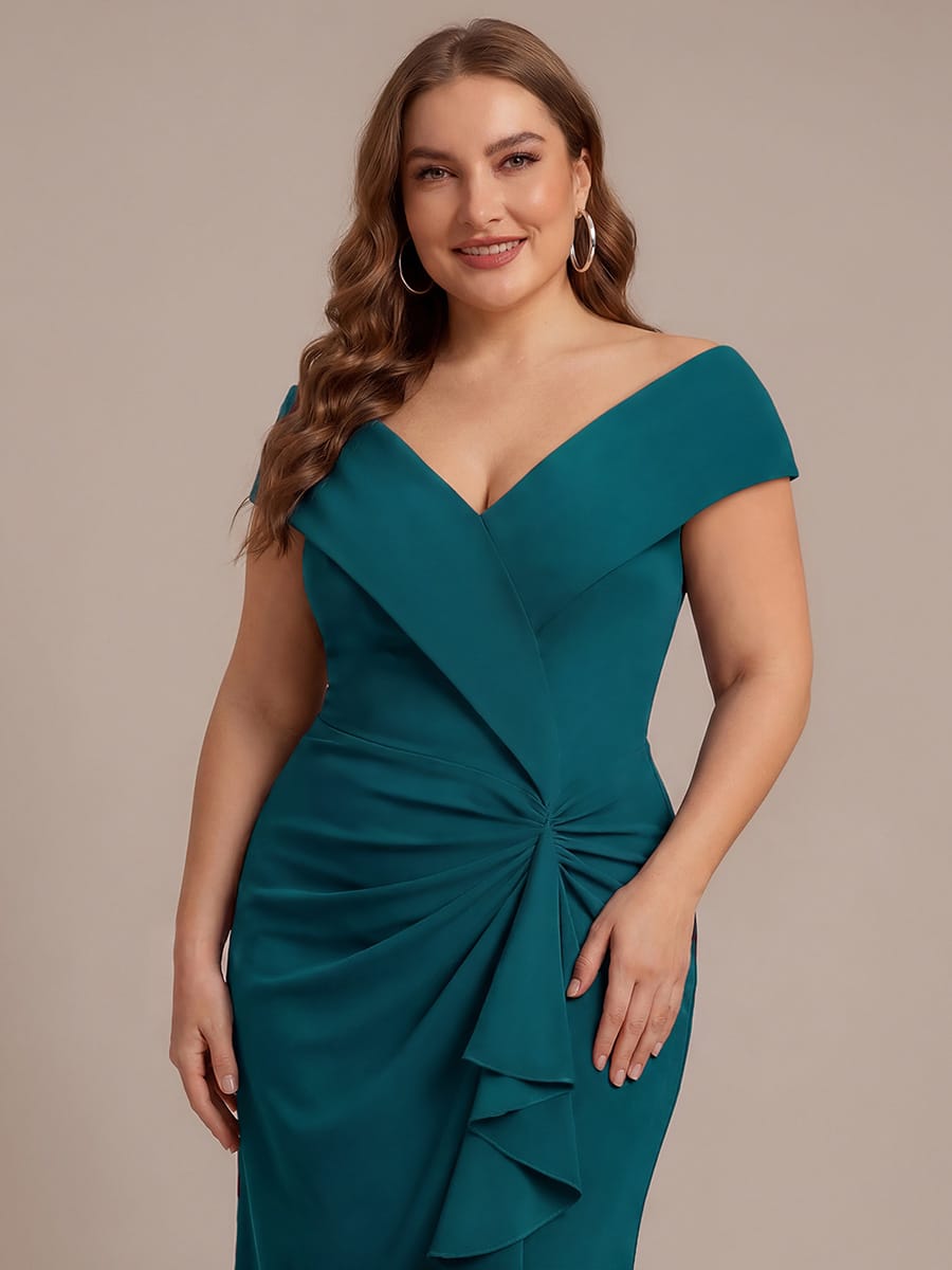 Ruffle Slit Mermaid Crepe V Neck Mother of the Bride Dress
