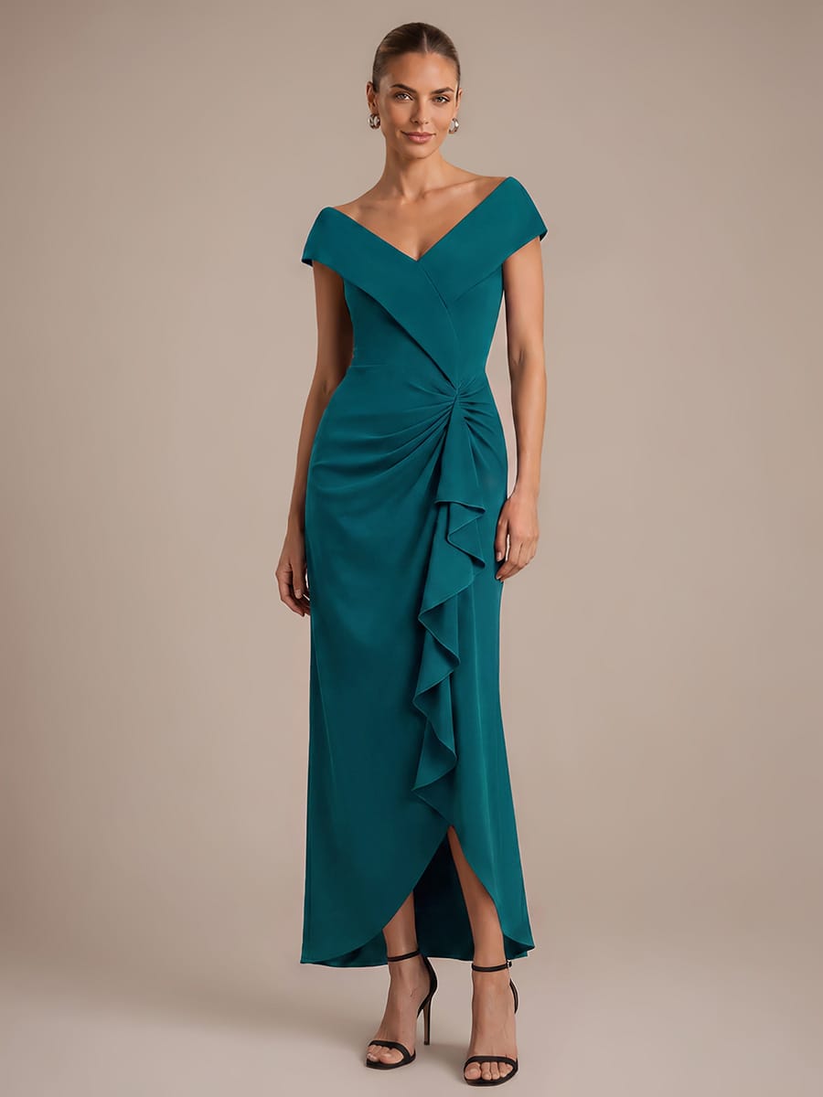 Ruffle Slit Mermaid Crepe V Neck Mother of the Bride Dress