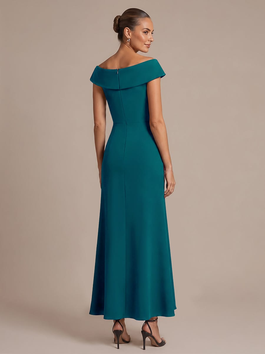 Ruffle Slit Mermaid Crepe V Neck Mother of the Bride Dress