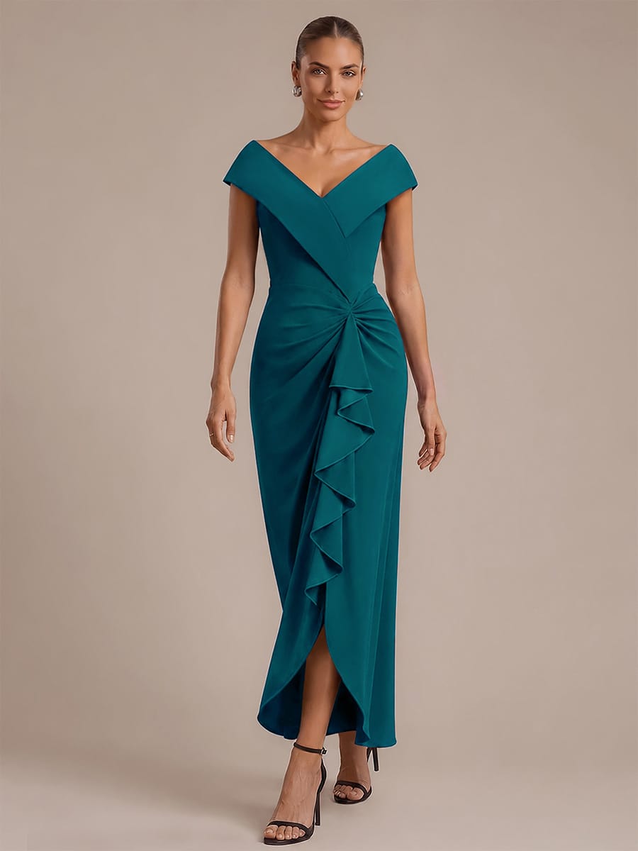 Ruffle Slit Mermaid Crepe V Neck Mother of the Bride Dress