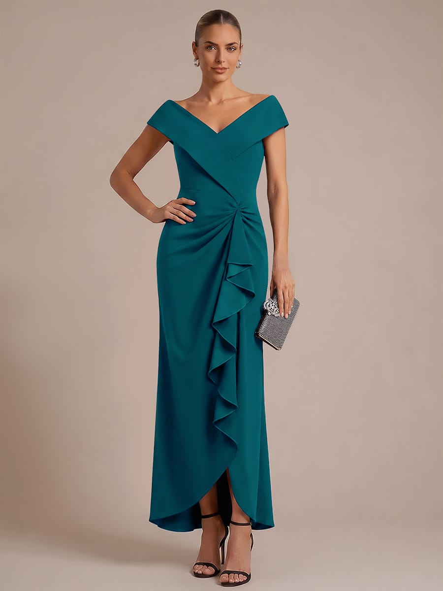 Ruffle Slit Mermaid Crepe V Neck Mother of the Bride Dress