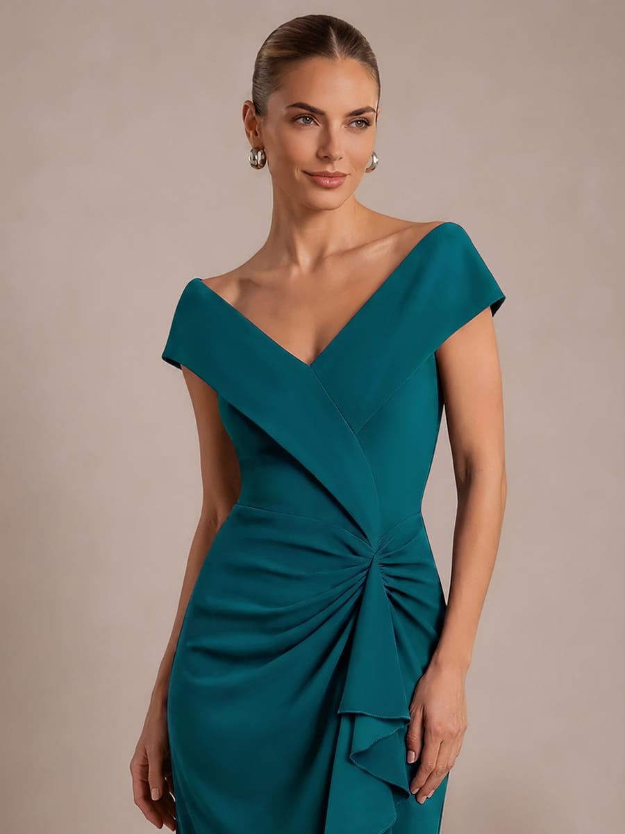 Ruffle Slit Mermaid Crepe V Neck Mother of the Bride Dress