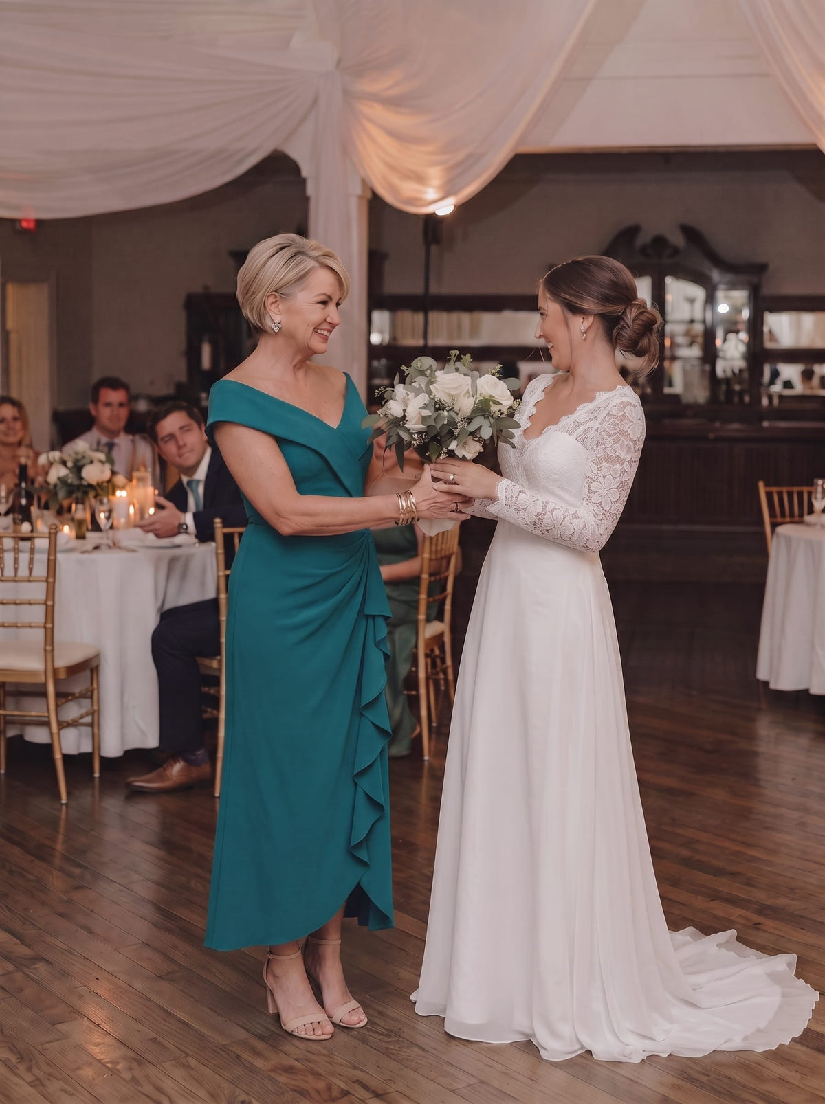 Ruffle Slit Mermaid Crepe V Neck Mother of the Bride Dress