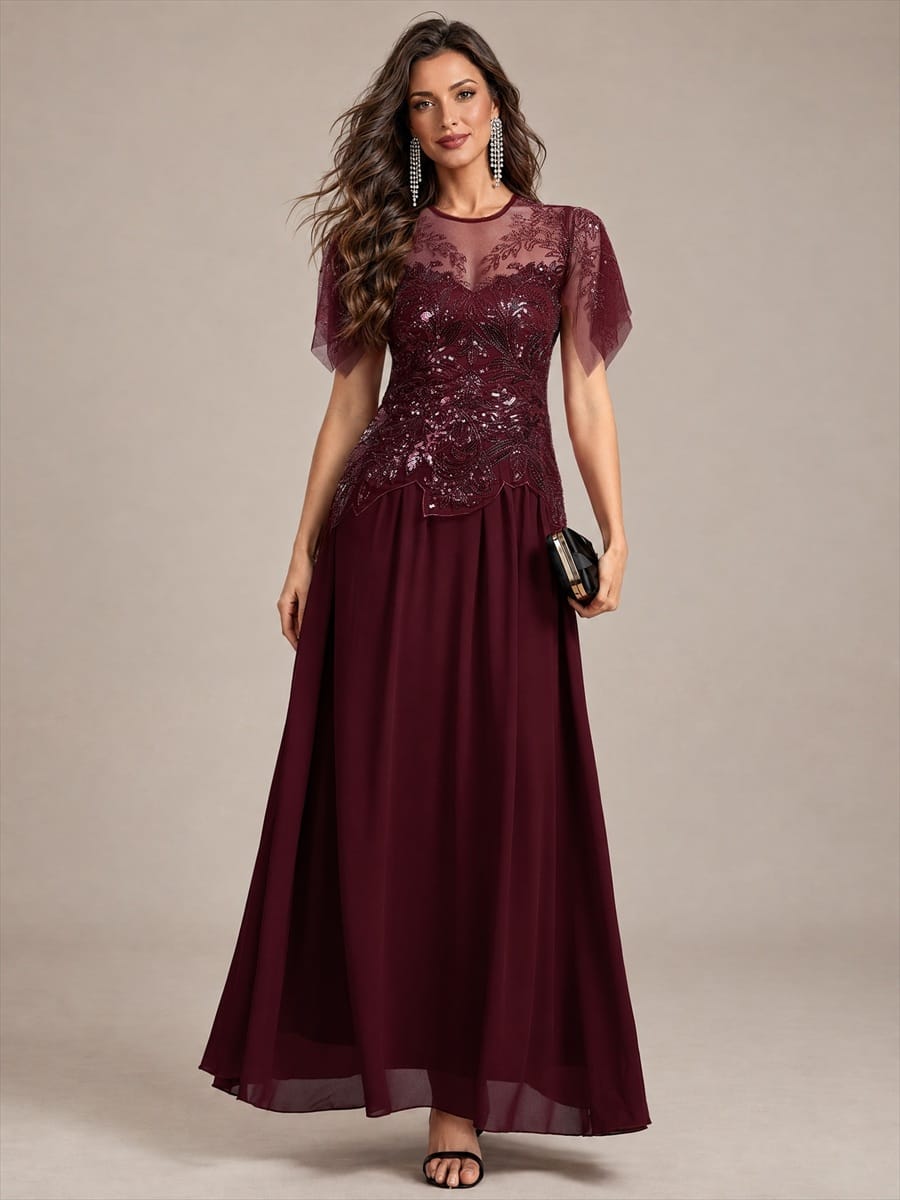 ever LUSTRE|Embroidered Sequin Ruffle Sleeve Dress