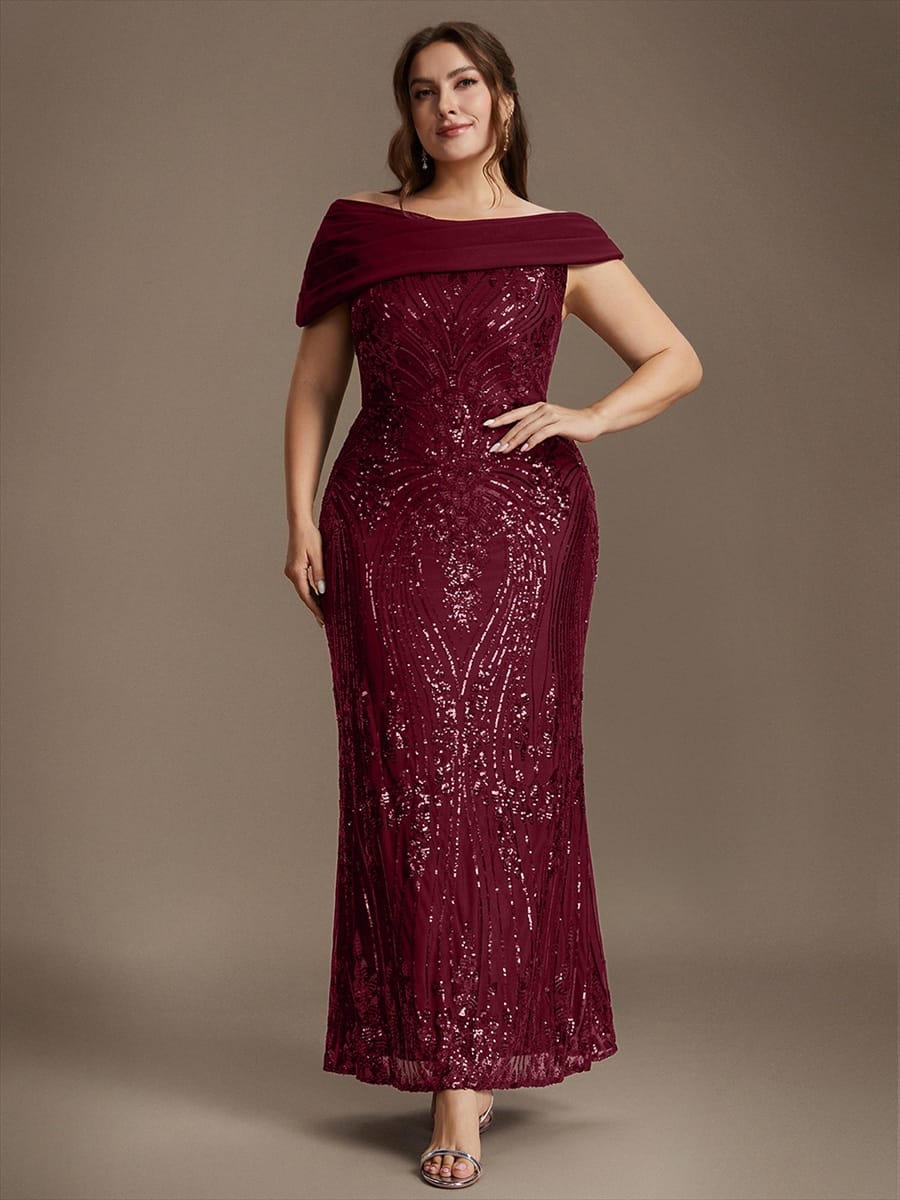 Draped Off-the-Shoulder Sequin Maxi Evening Dress