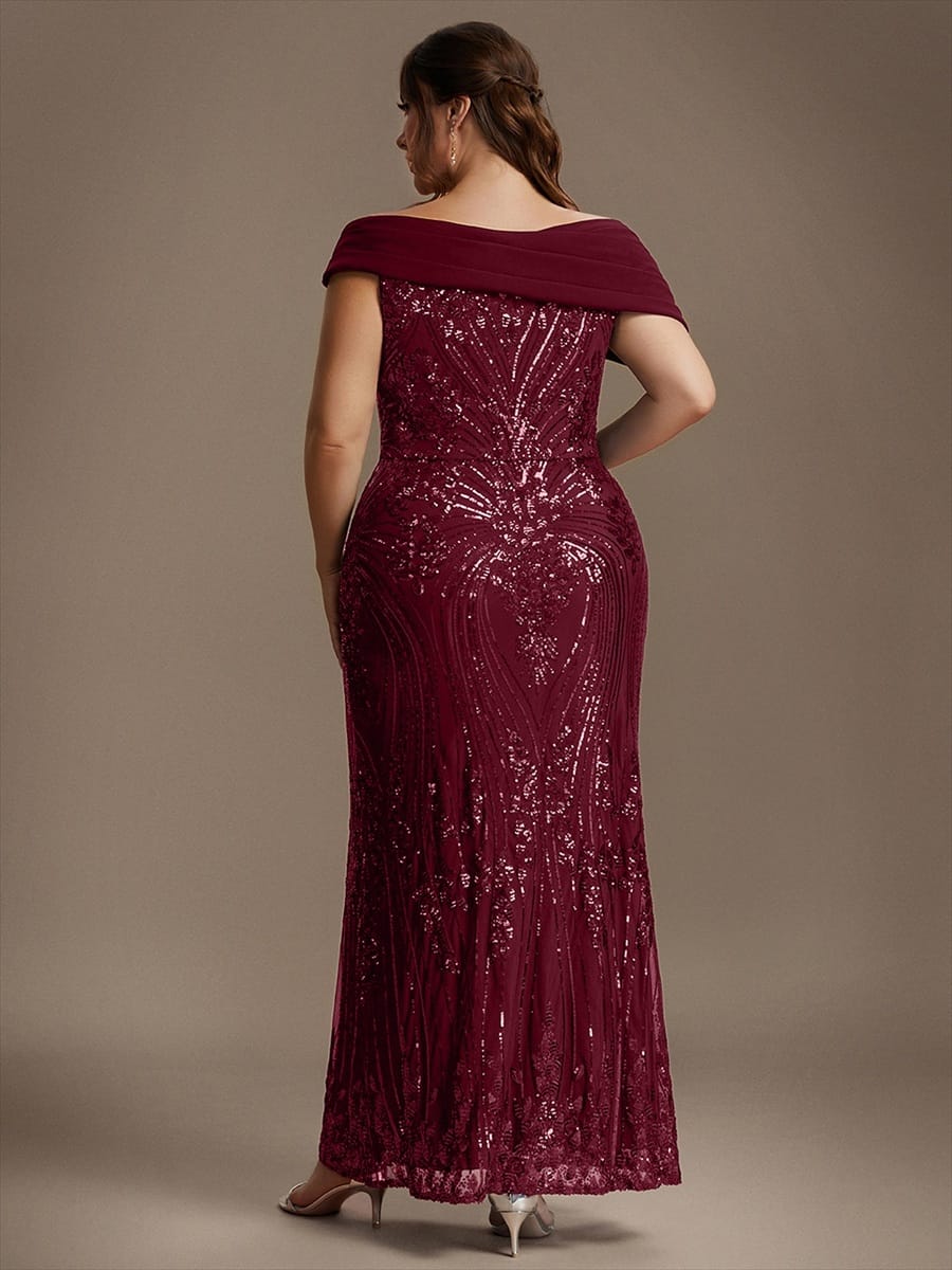 Draped Off-the-Shoulder Sequin Maxi Evening Dress