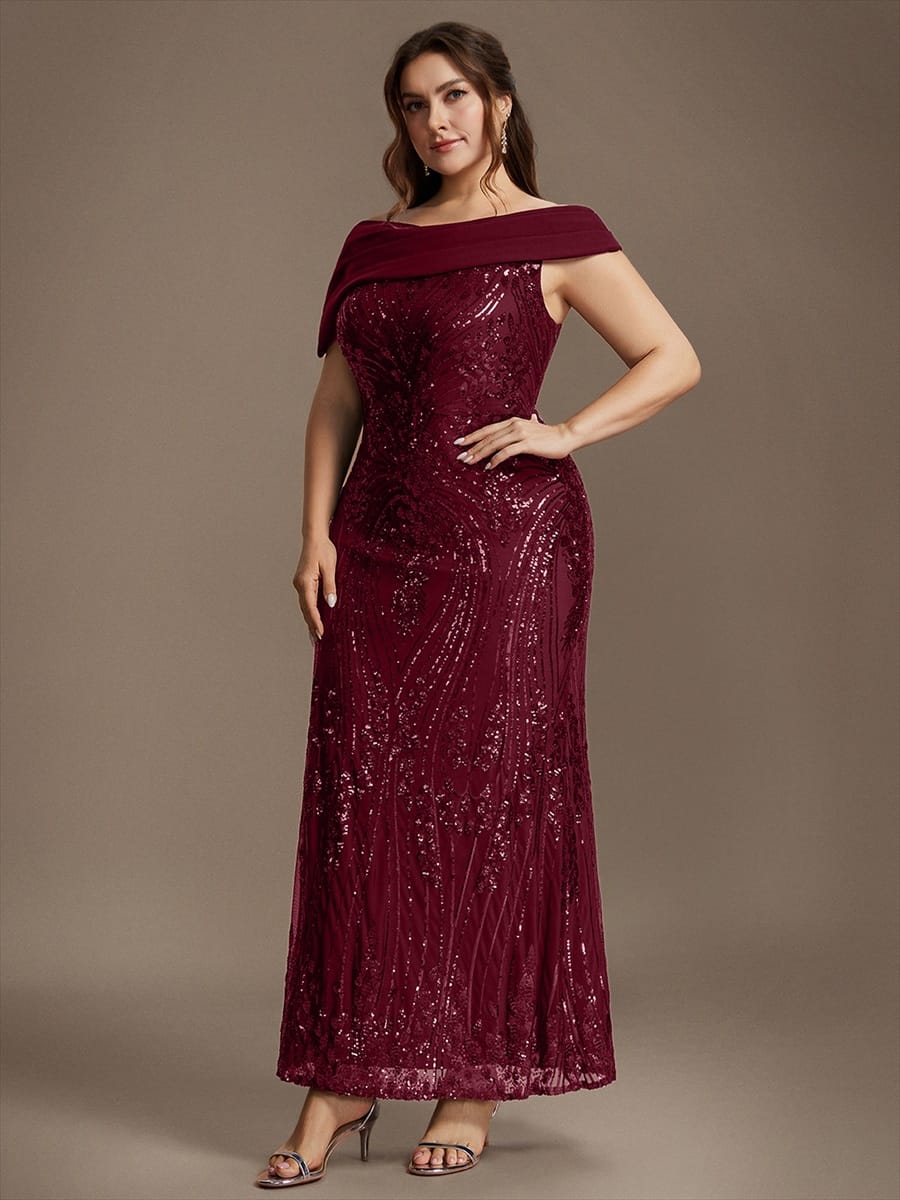 Draped Off-the-Shoulder Sequin Maxi Evening Dress