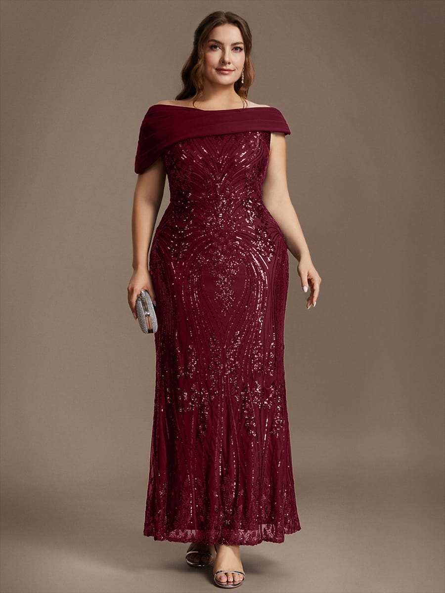 Draped Off-the-Shoulder Sequin Maxi Evening Dress