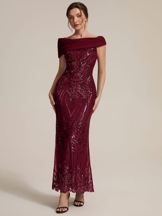 Draped Off-the-Shoulder Sequin Maxi Evening Dress
