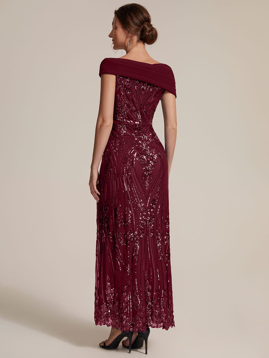 Draped Off-the-Shoulder Sequin Maxi Evening Dress