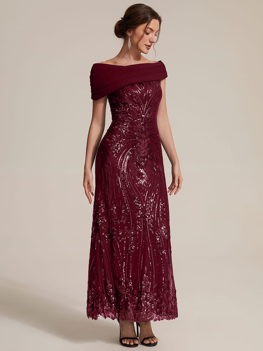 Draped Off-the-Shoulder Sequin Maxi Evening Dress