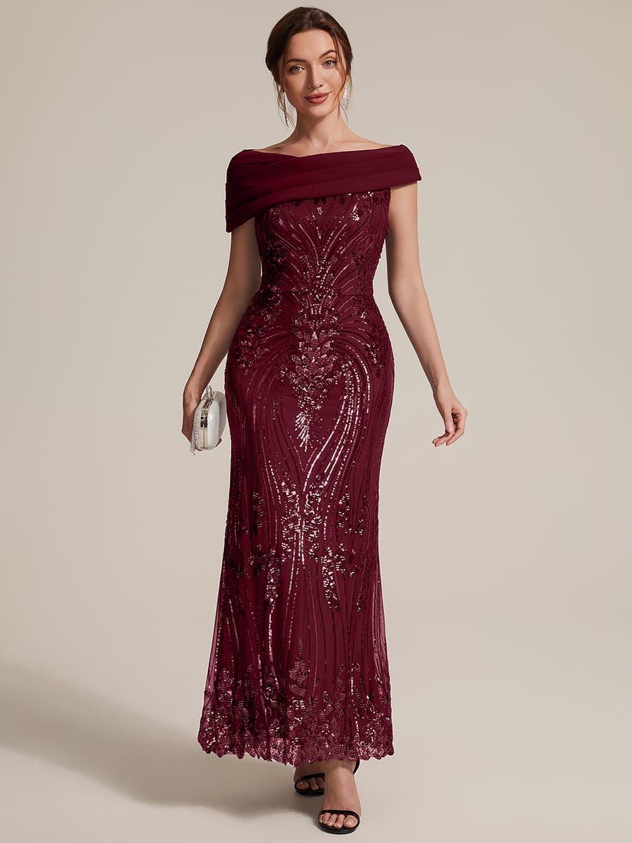 Draped Off-the-Shoulder Sequin Maxi Evening Dress