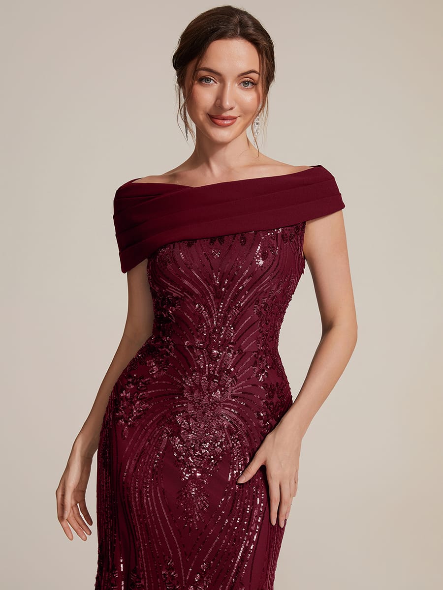 Draped Off-the-Shoulder Sequin Maxi Evening Dress