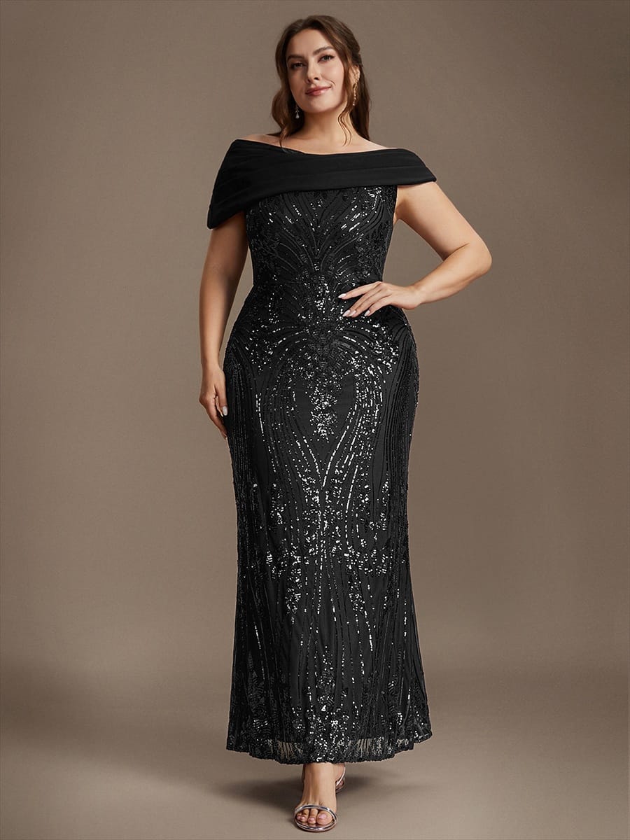 Draped Off-the-Shoulder Sequin Maxi Evening Dress
