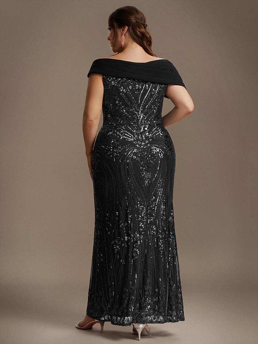 Draped Off-the-Shoulder Sequin Maxi Evening Dress
