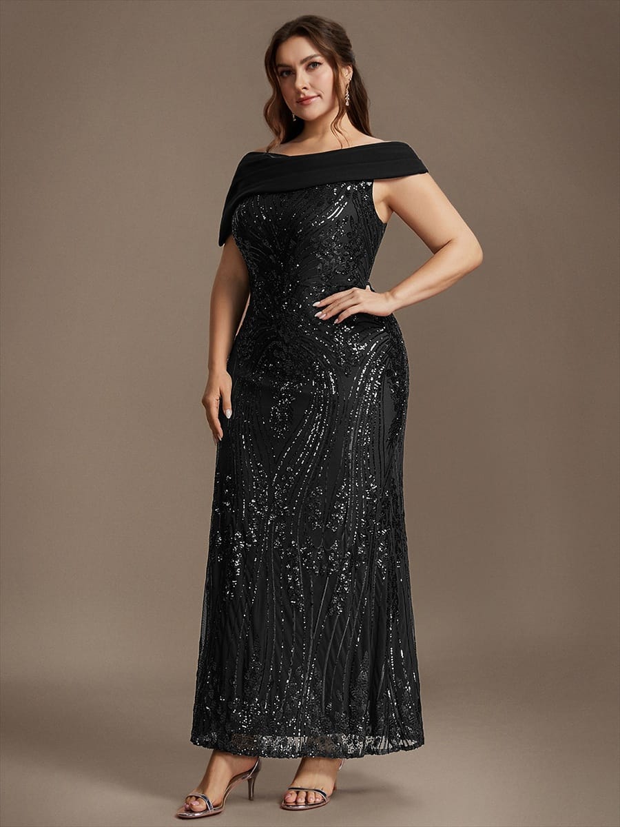 Draped Off-the-Shoulder Sequin Maxi Evening Dress