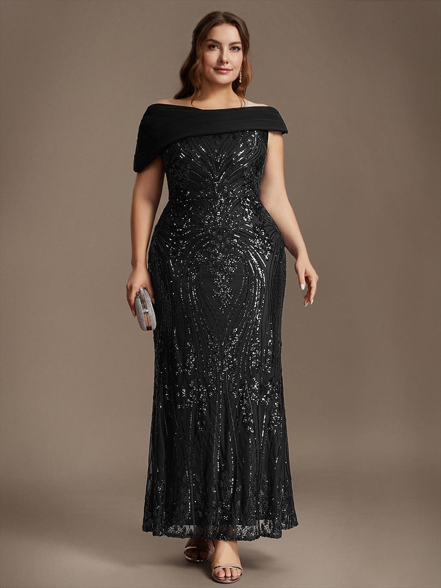 Draped Off-the-Shoulder Sequin Maxi Evening Dress