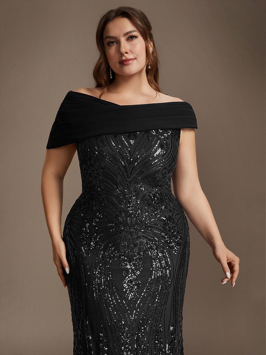 Draped Off-the-Shoulder Sequin Maxi Evening Dress