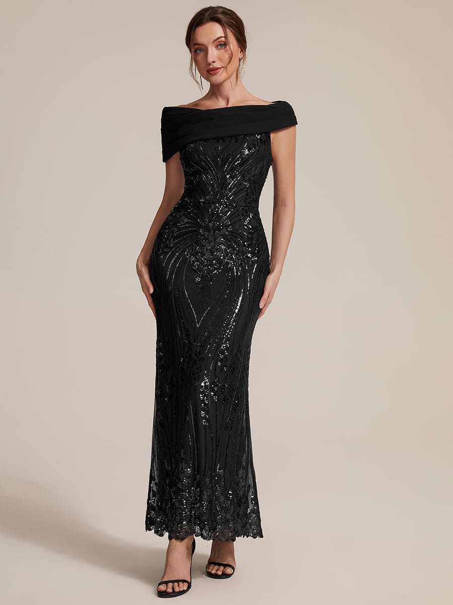 Draped Off-the-Shoulder Sequin Maxi Evening Dress