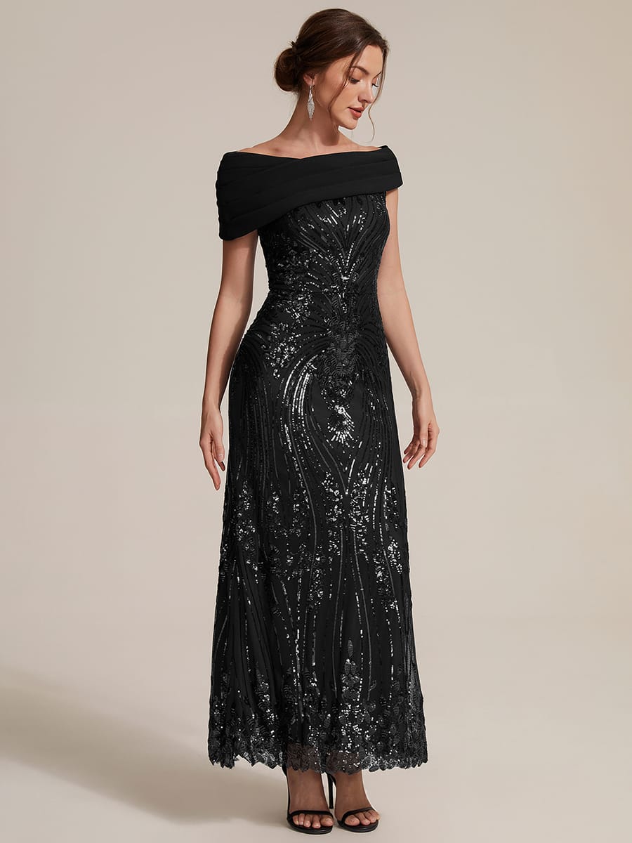 Draped Off-the-Shoulder Sequin Maxi Evening Dress