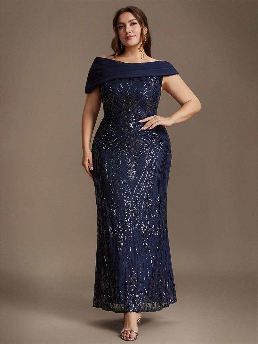 Draped Off-the-Shoulder Sequin Maxi Evening Dress
