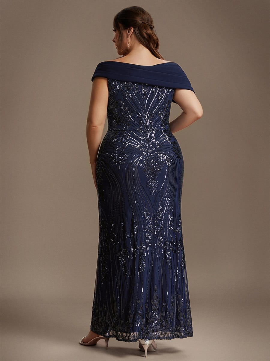 Draped Off-the-Shoulder Sequin Maxi Evening Dress
