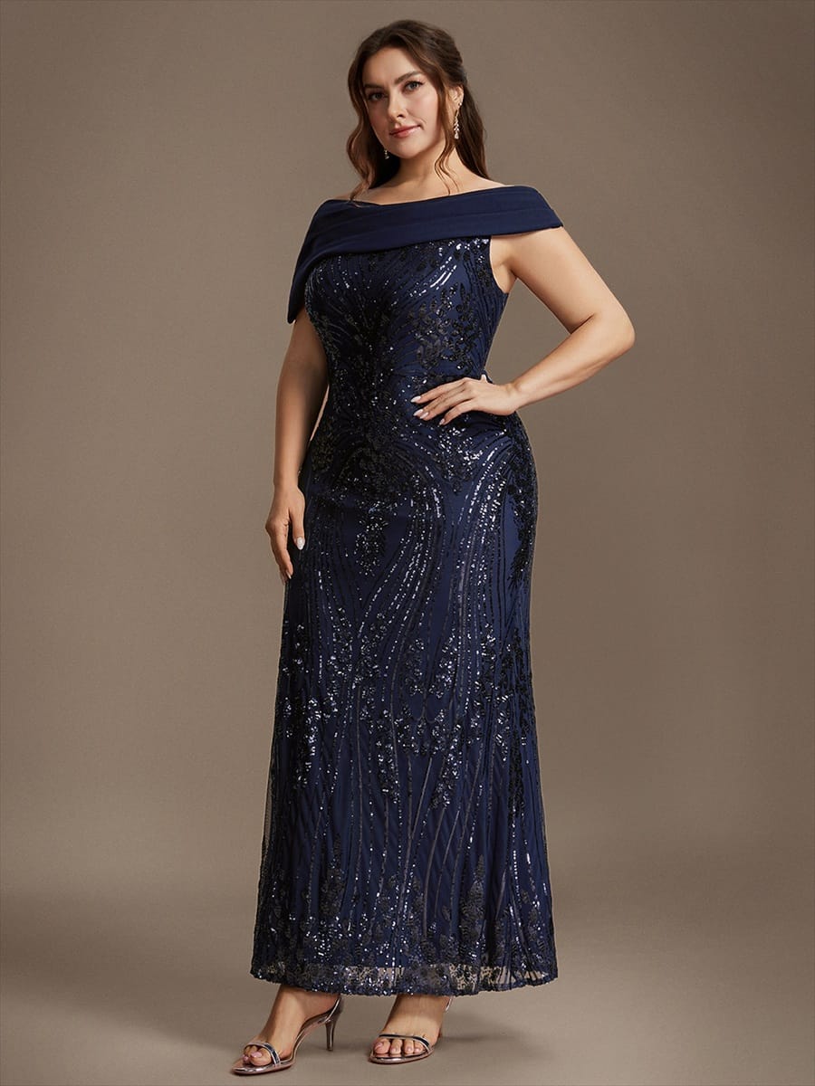 Draped Off-the-Shoulder Sequin Maxi Evening Dress