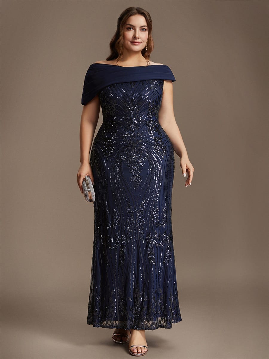Draped Off-the-Shoulder Sequin Maxi Evening Dress