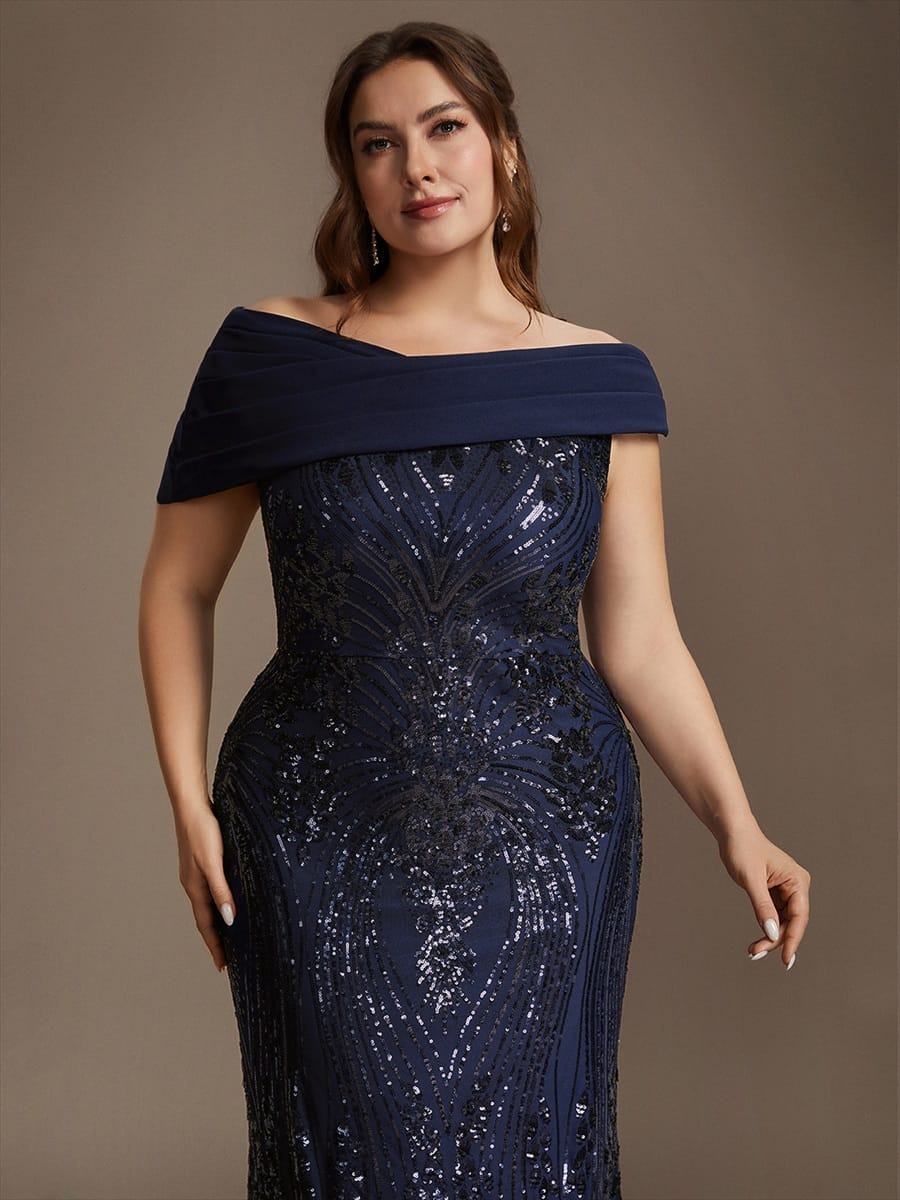 Draped Off-the-Shoulder Sequin Maxi Evening Dress