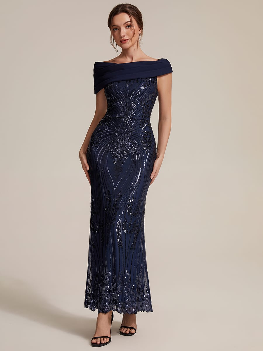 Draped Off-the-Shoulder Sequin Maxi Evening Dress