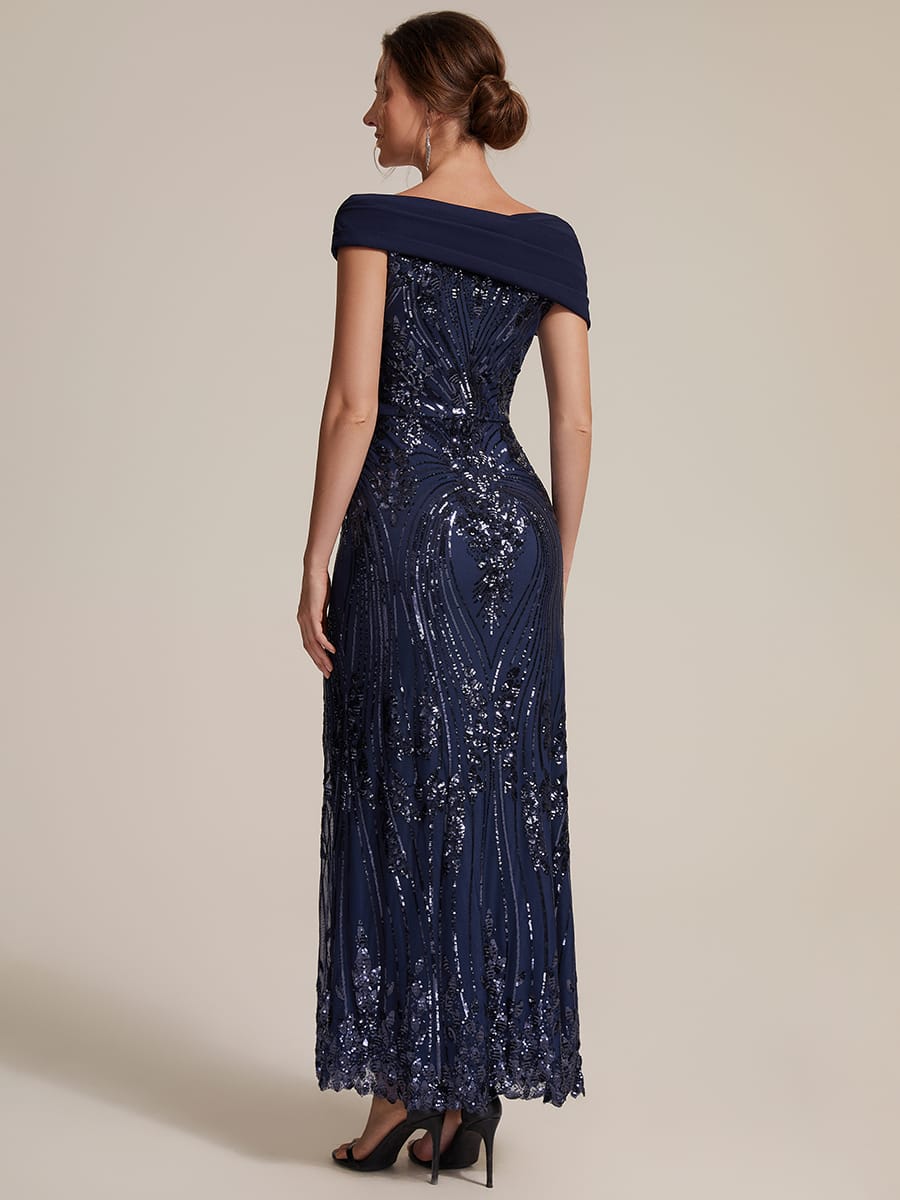 Draped Off-the-Shoulder Sequin Maxi Evening Dress