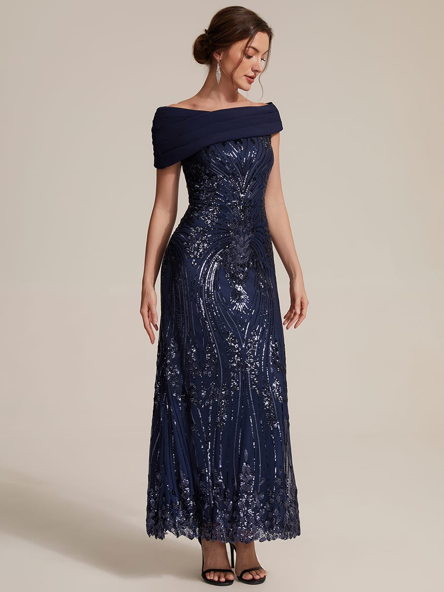 Draped Off-the-Shoulder Sequin Maxi Evening Dress