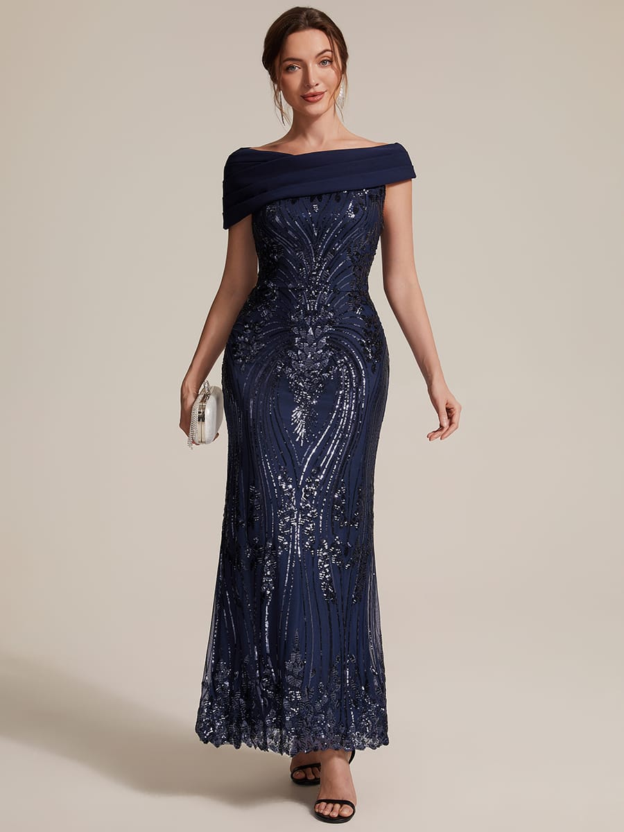 Draped Off-the-Shoulder Sequin Maxi Evening Dress
