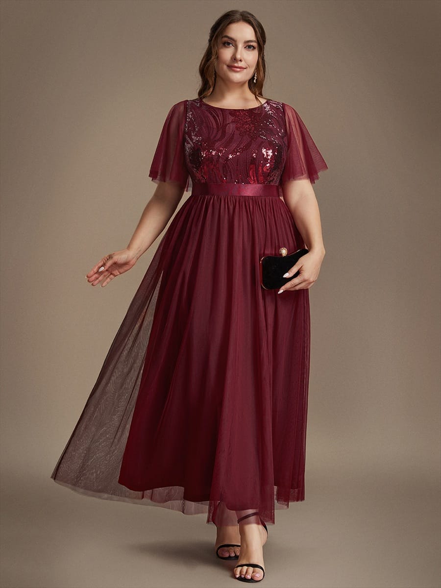 Sequin Ruffle Sleeve A Line Maxi Evening Dress