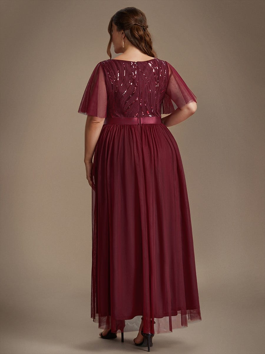Sequin Ruffle Sleeve A Line Maxi Evening Dress