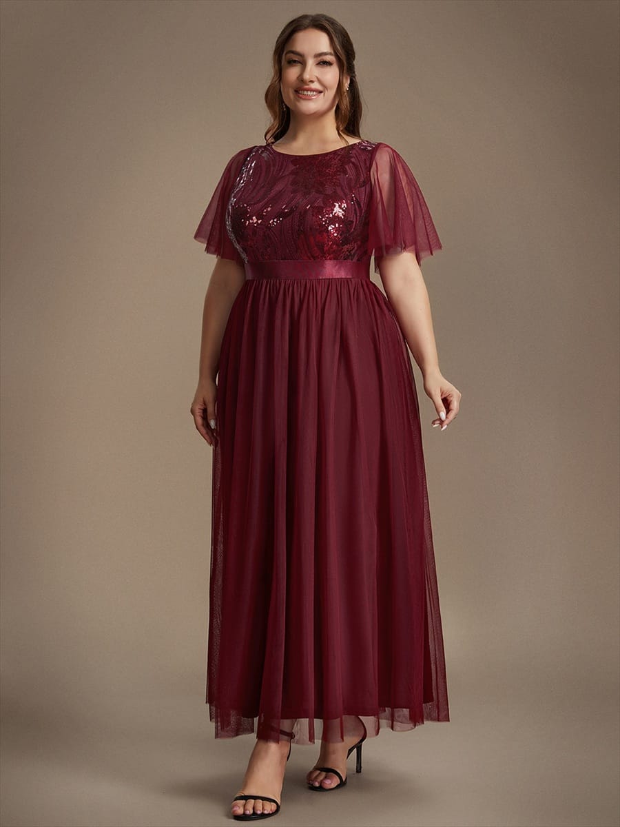 Sequin Ruffle Sleeve A Line Maxi Evening Dress