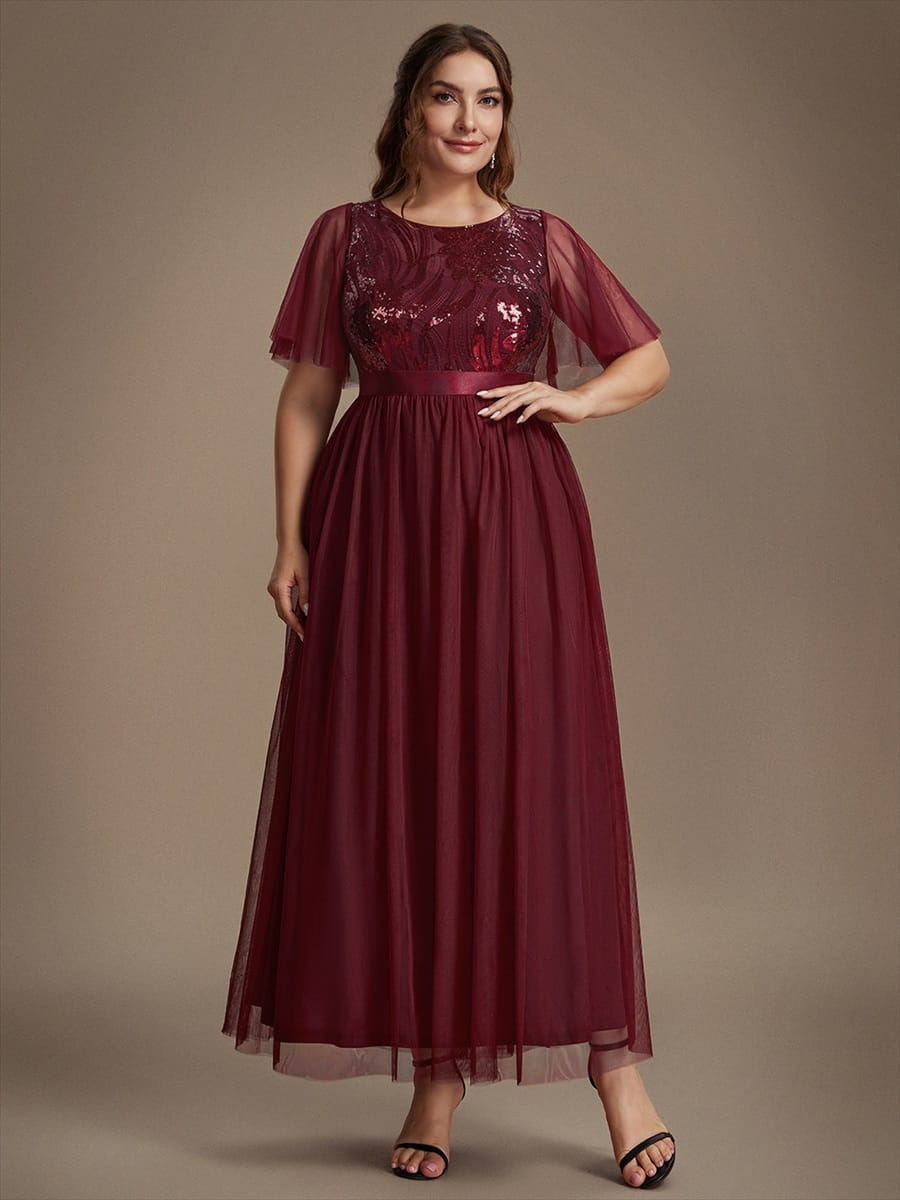 Sequin Ruffle Sleeve A Line Maxi Evening Dress