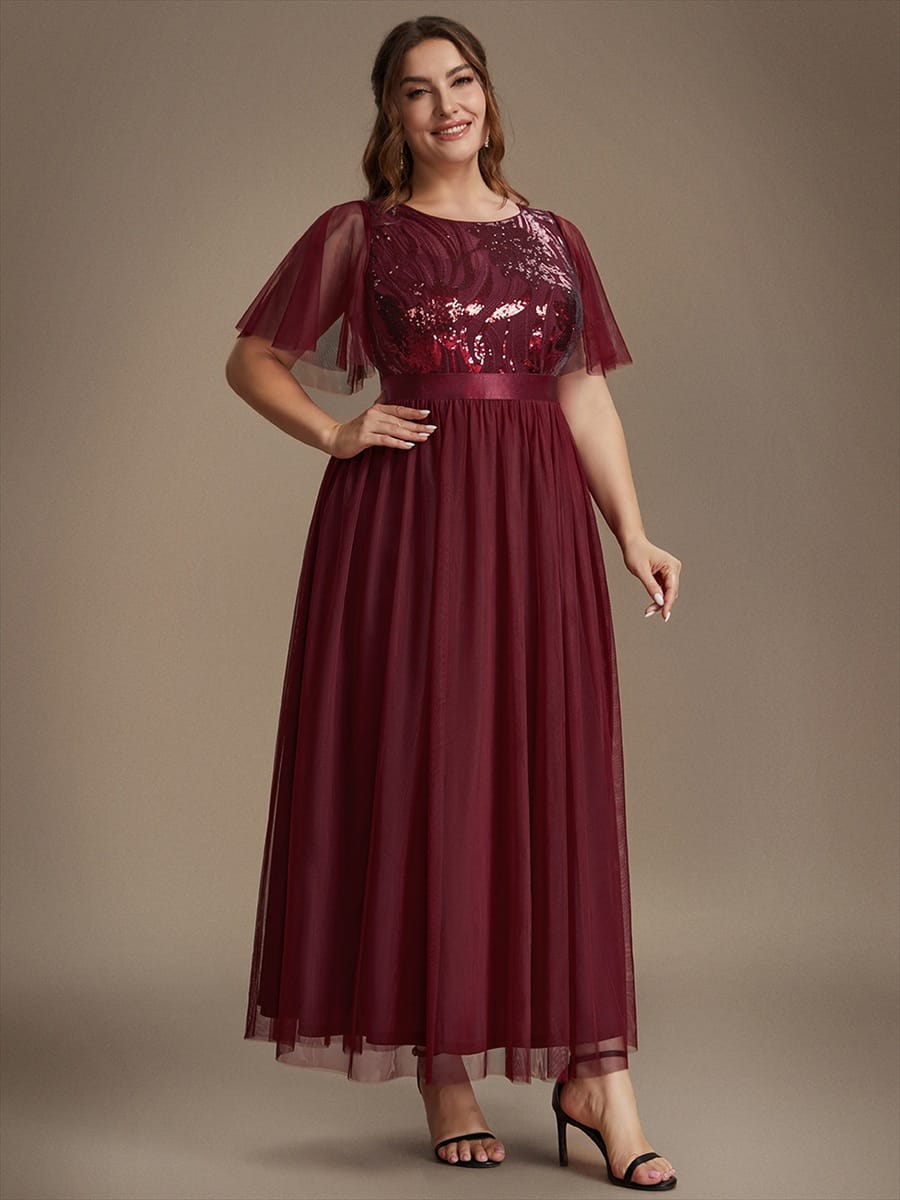 Sequin Ruffle Sleeve A Line Maxi Evening Dress