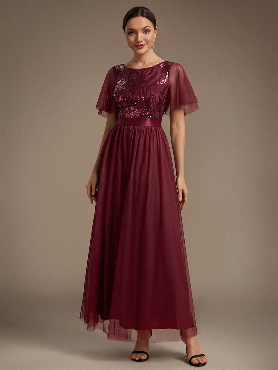 Sequin Ruffle Sleeve A Line Maxi Evening Dress