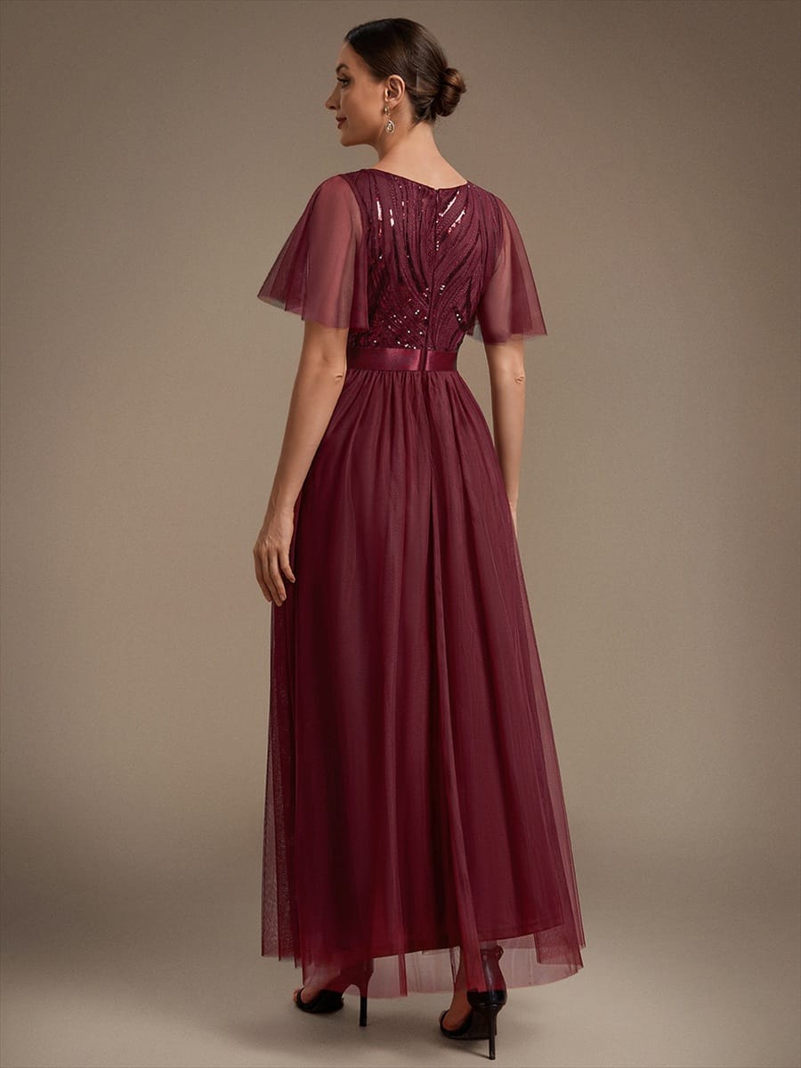 Sequin Ruffle Sleeve A Line Maxi Evening Dress