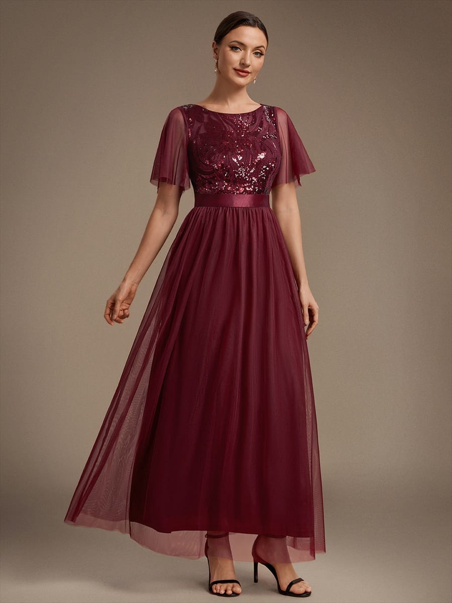 Sequin Ruffle Sleeve A Line Maxi Evening Dress