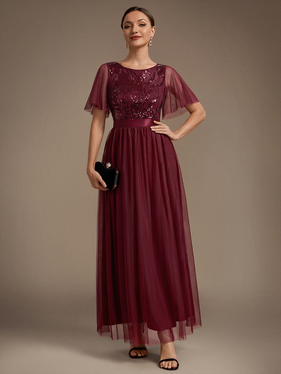 Sequin Ruffle Sleeve A Line Maxi Evening Dress