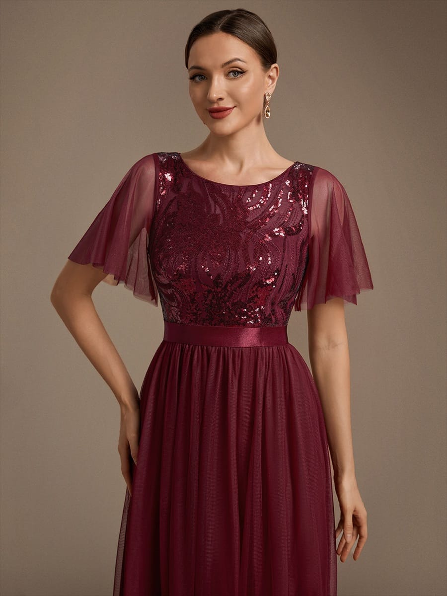 Sequin Ruffle Sleeve A Line Maxi Evening Dress
