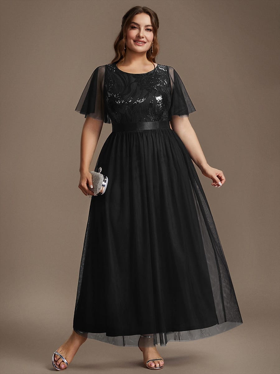 Sequin Ruffle Sleeve A Line Maxi Evening Dress