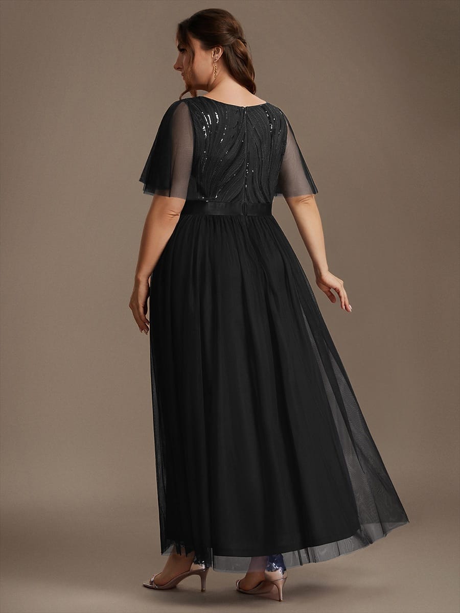 Sequin Ruffle Sleeve A Line Maxi Evening Dress